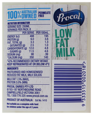 Picture of PROCAL LOW FAT MILK 2L