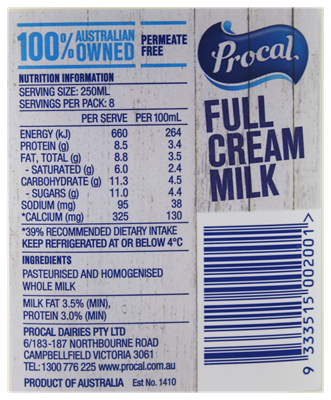 Picture of PROCAL FULL CREAM MILK 2L